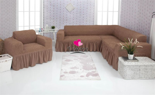 Комплект чехлов на угловой диван и кресло с оборкой серо коричневый 202, Характеристики