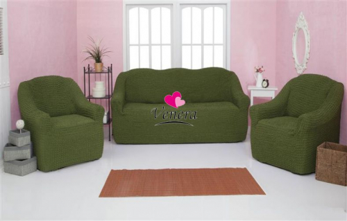 Комплект чехлов на трехместный диван и 2 кресла без оборки оливковый 222, Характеристики