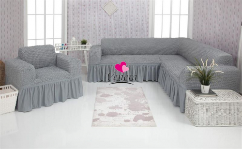 Комплект чехлов на угловой диван и кресло с оборкой серый 216, Характеристики
