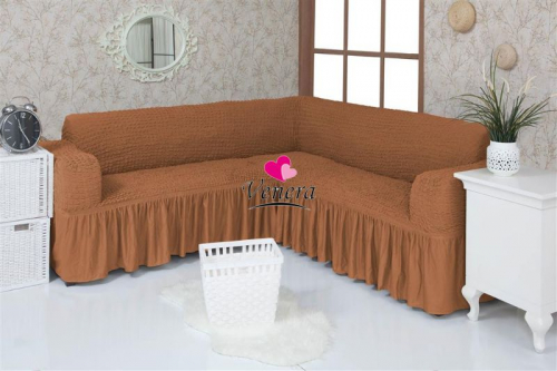 Чехол на угловой диван с оборкой коричневый 210