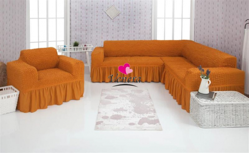 Комплект чехлов на угловой диван и кресло с оборкой рыжий 208, Характеристики