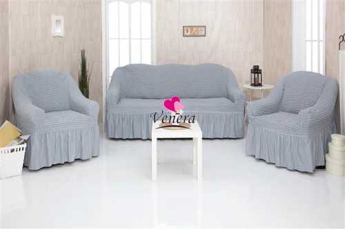 Комплект чехлов на трехместный диван и 2 кресла с оборкой серый 216, Характеристики