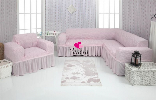 Комплект чехлов на угловой диван и кресло с оборкой розовый 207, Характеристики