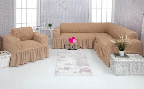 Комплект чехлов на угловой диван и кресло с оборкой песочный 230, Характеристики