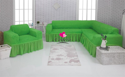 Комплект чехлов на угловой диван и кресло с оборкой салатовый 224, Характеристики