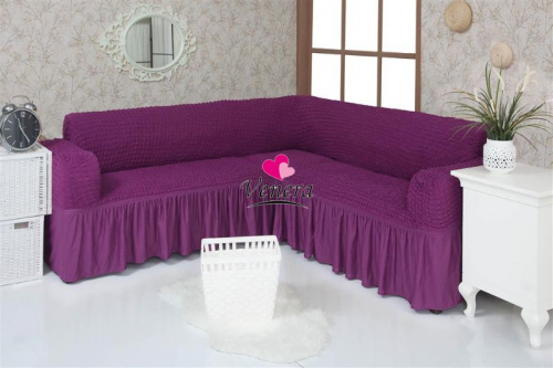Чехол на угловой диван с оборкой фиолетовый 225