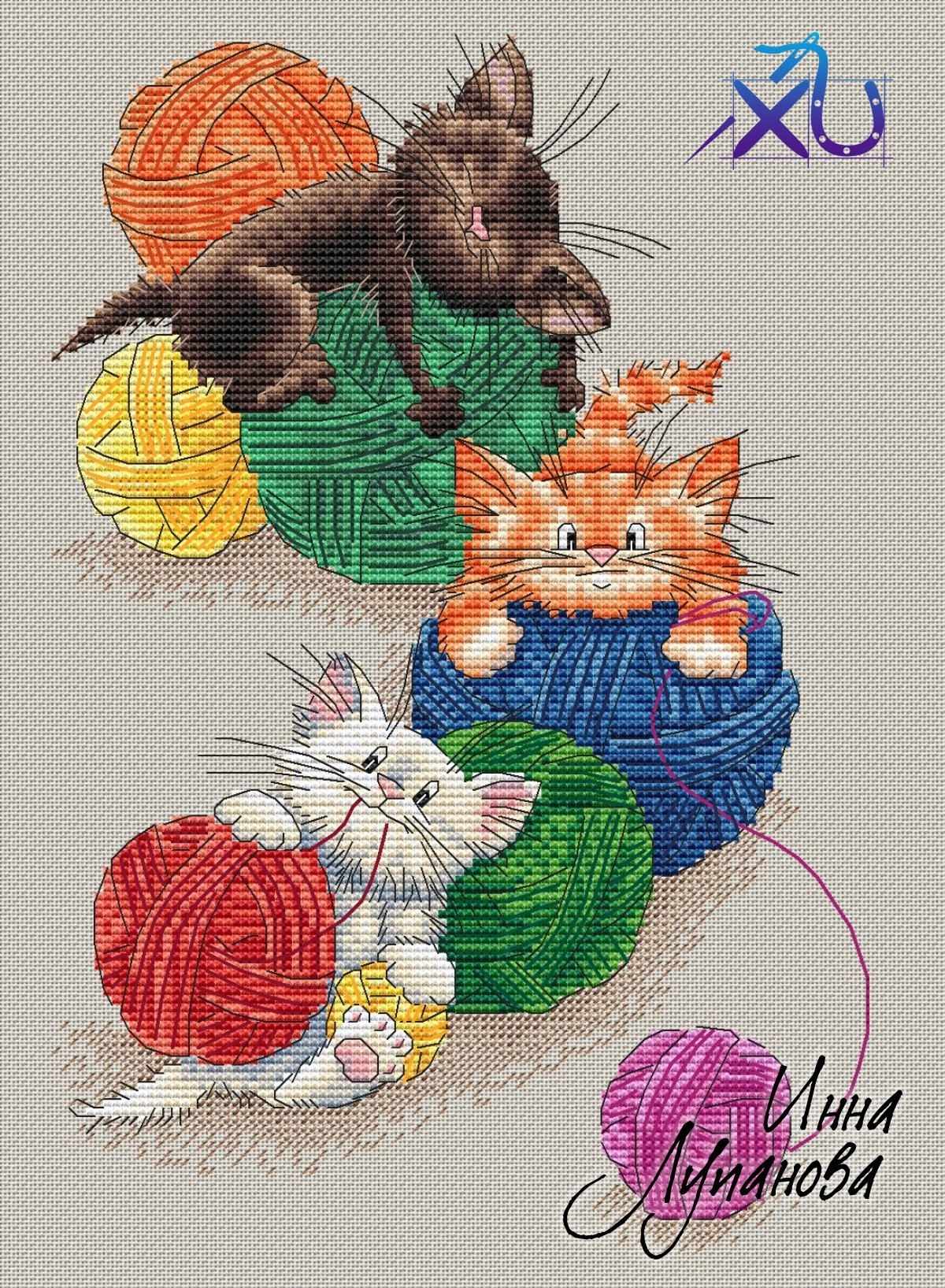 Вышивка кот с клубком. Вышивка крестом коты. Вышивка с котами.