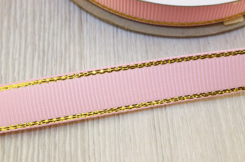 Репсовая лента с люрексом (нежно-розовый, золото), 12мм * 20 ярдов (+-1) В наличии