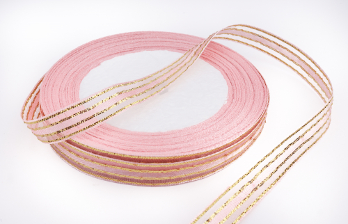 Декоративная лента (нежно-розовый, золото), 10мм 20 ярдов(+-1) В наличии