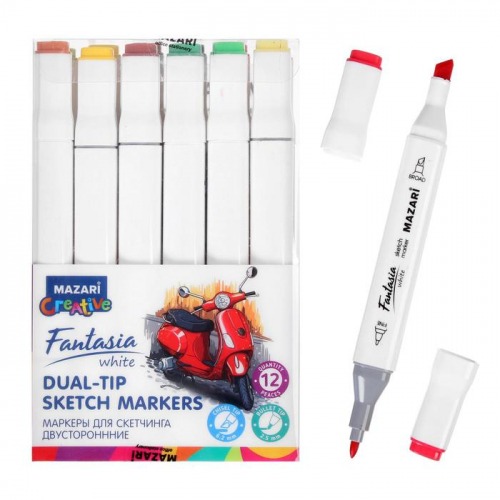 Художественный набор двухсторонних маркеров Mazari Fantasia White 12 цветов Forest colors (цвета леса), пишущие узлы 2.5-6.2 мм