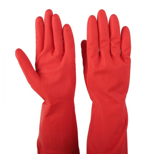 Перчатки хозяйственные резиновые Доляна, размер L, длинные манжеты, 80 гр, цвет красный