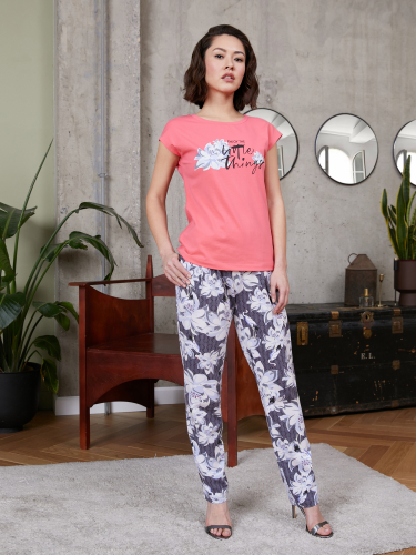 Комплект жен: фуфайка (футболка), брюки Mia Cara SS21WJ381 Izumi коралловый/журавли р.42-44