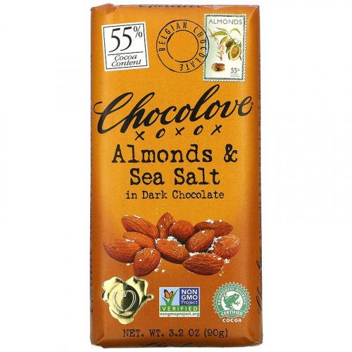 Сhocolove, черный шоколад с миндалем и морской солью, 55% какао, 90 г (3,2 унции)