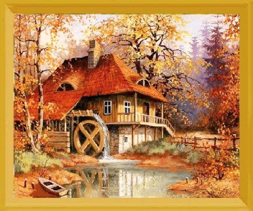 Алмазная мозаика 21х25 Осенний пейзаж с водяной мельницей