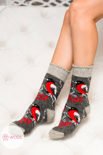 Шерстяные женские носки со снегирями - Бабушкины носки