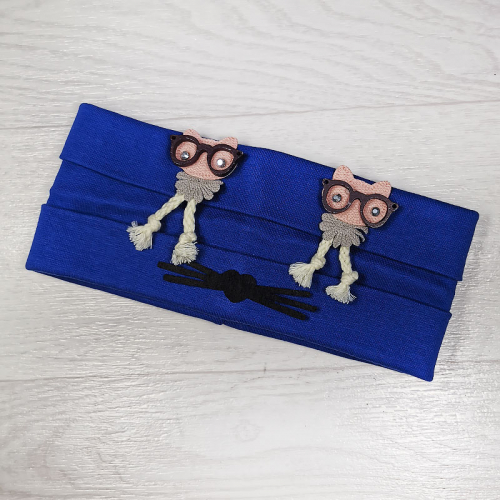 п1049-53 Повязка трикотажная с отворотами Совы в очках бархатные усики синяя