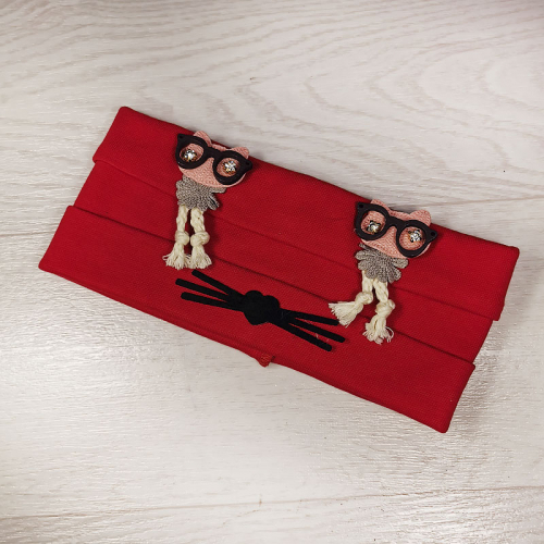 п1049-23 Повязка трикотажная с отворотами Совы в очках бархатные усики красная