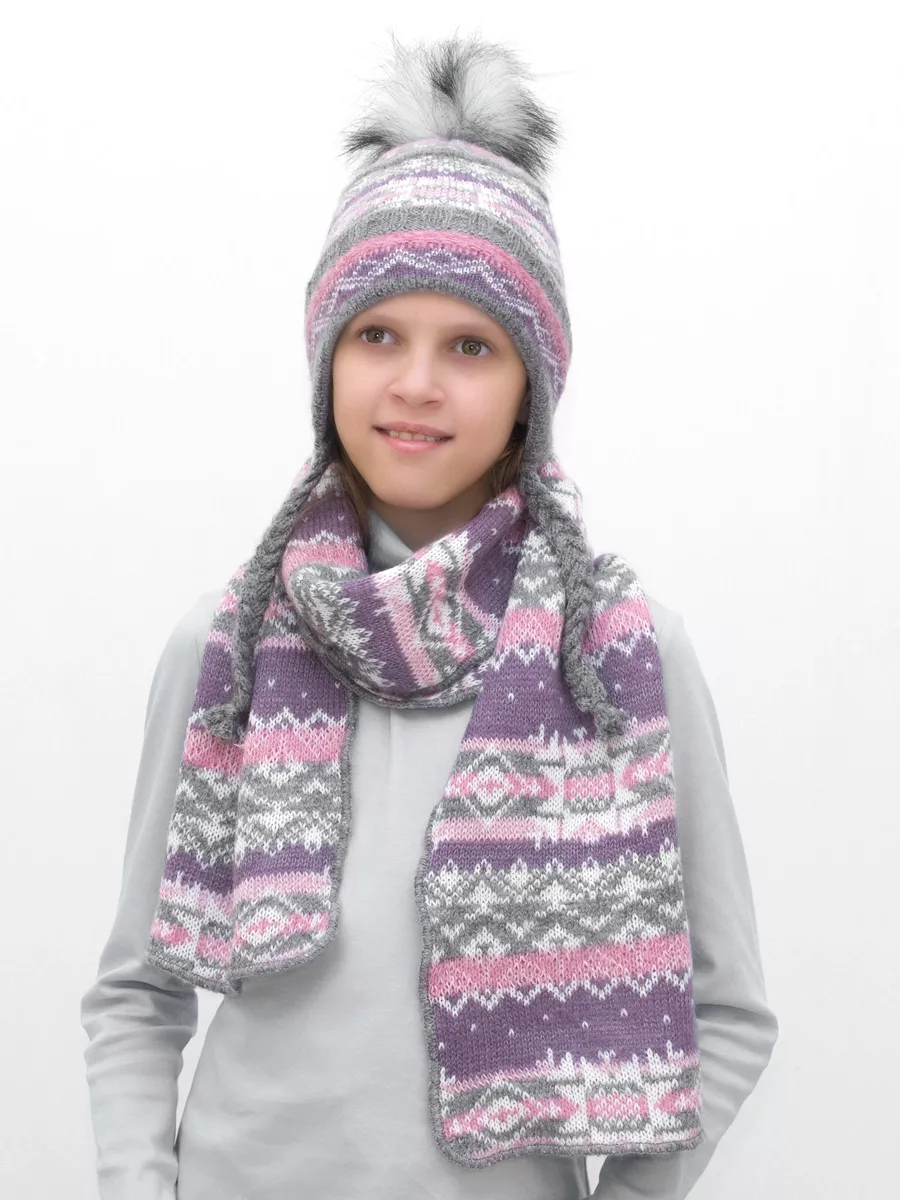 Комплект зимний для девочки шапка+шарф Анютка (Цвет розовый), размер 52-54, шерсть 70%