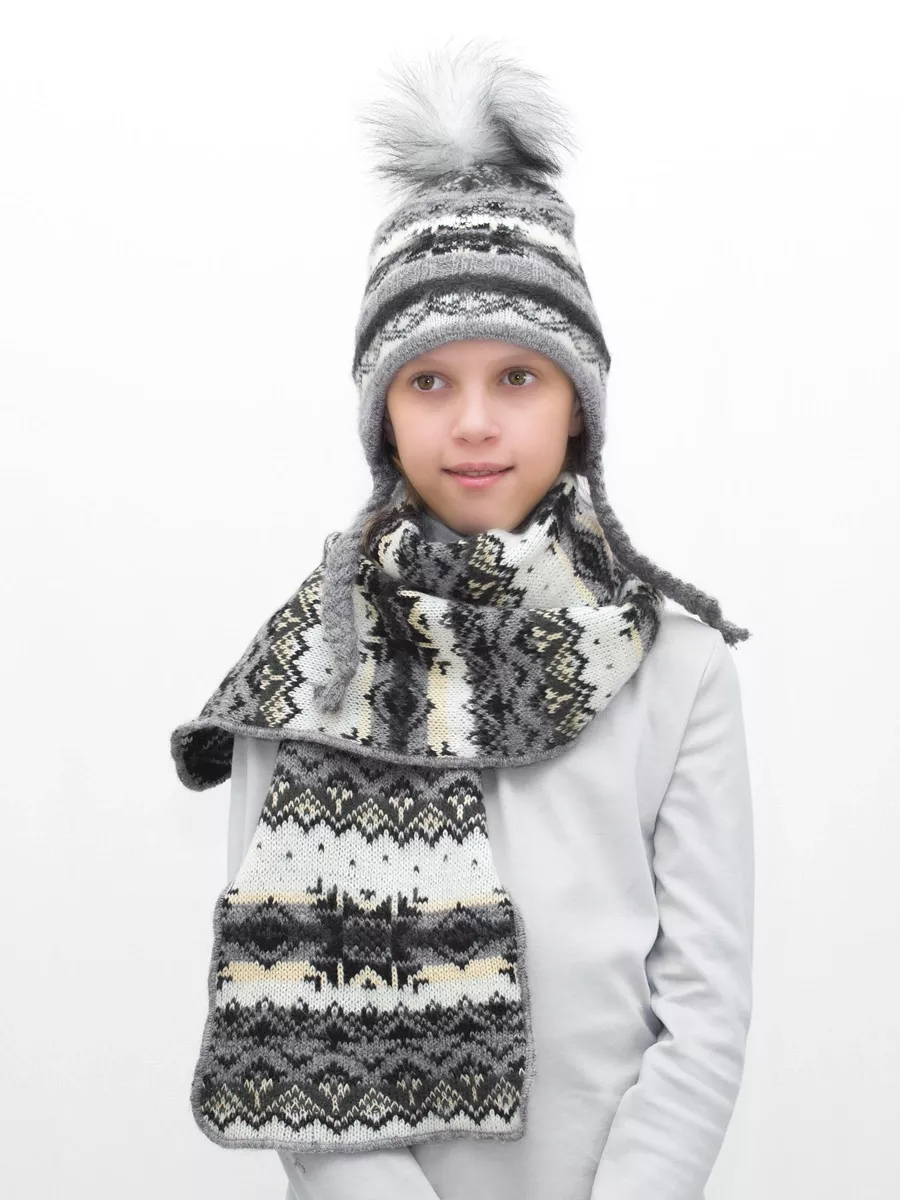 Комплект зимний для девочки шапка+шарф Анютка (Цвет серый), размер 52-54, шерсть 70%