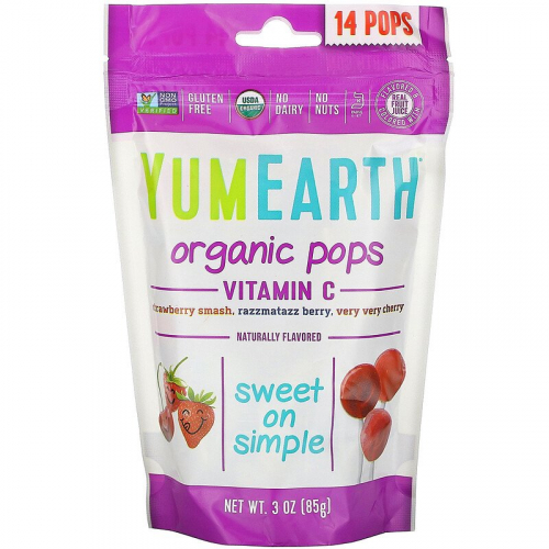 YumEarth, Organic Pops, витамин C, клубничное мороженое, ягоды раззматаз, вишня, 14 леденцов, 87 г (3,1 унции)