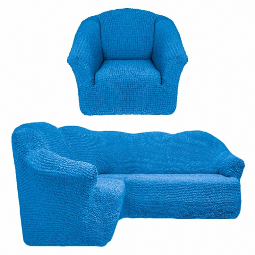 Чехол на угловой диван без юбки с креслом синий