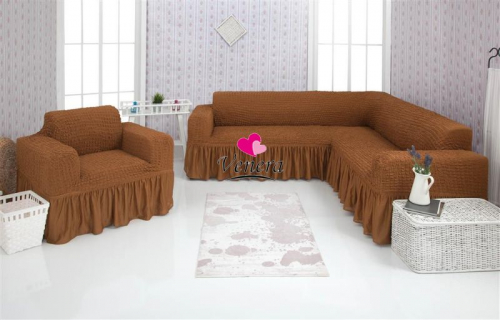 Комплект чехлов на угловой диван и кресло с оборкой коричневый 210, Характеристики