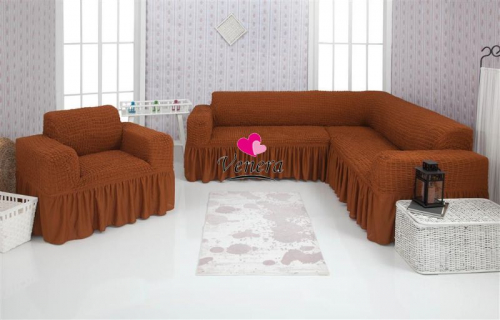Комплект чехлов на угловой диван и кресло с оборкой корица 209, Характеристики