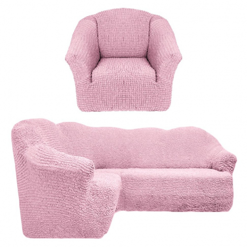 Чехол на угловой диван без юбки с креслом розовый