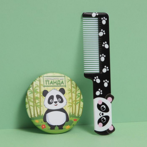 Подарочный набор «Панда», 2 предмета: зеркало, расчёска, цвет зелёный