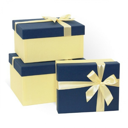 Набор подарочных коробок 3 в 1 прямоугольник 23*29*13 см С бантом тиснение рогожка синий/слоновая кость 540854