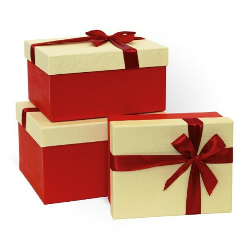 Набор подарочных коробок 3 в 1 прямоугольник 23*29*13 см С бантом тиснение рогожка слоновая кость/красный 540855