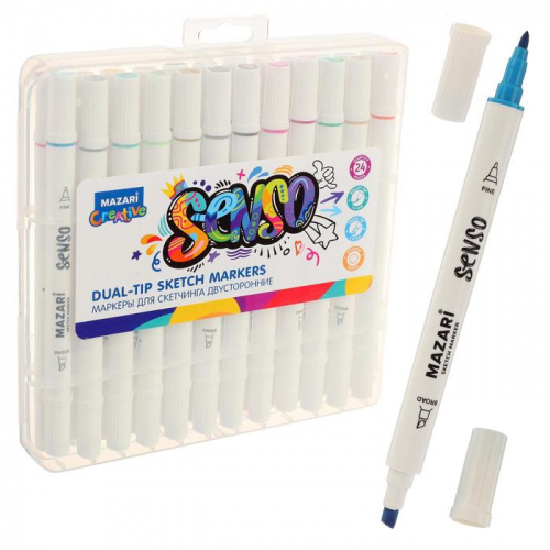 Набор двухсторонних маркеров для скетчинга Mazari SENSO, 24 цвета, пластиковый пенал