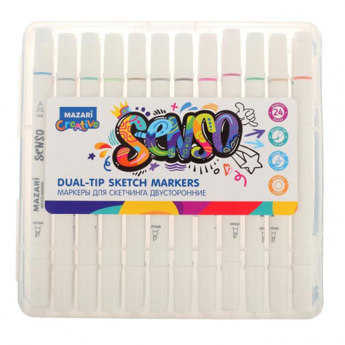 Набор двухсторонних маркеров для скетчинга Mazari SENSO, 24 цвета, пластиковый пенал