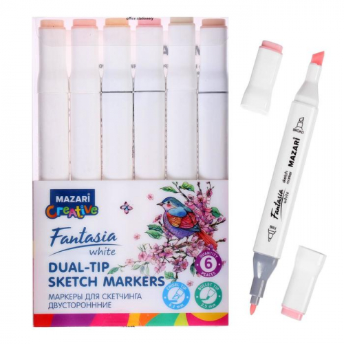 Художественный набор двухсторонних маркеров Mazari Fantasia White 6 цветов Skin tones (телесные цвета), пишущие узлы 2.5-6.2 мм
