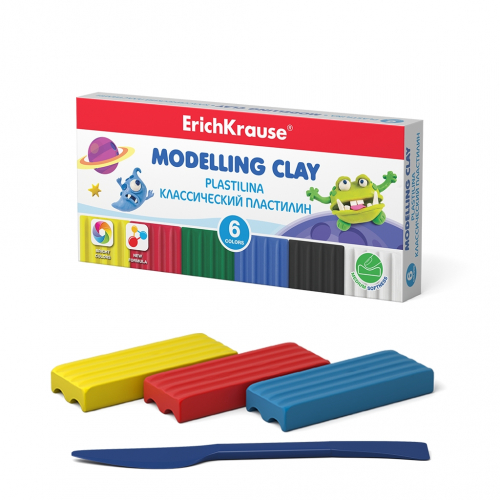 Классический пластилин ErichKrause® Monsters 6 цветов со стеком, 90г (коробка)