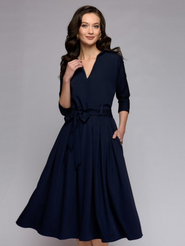 Платье темно-синее длины миди с отложным воротником и рукавами 