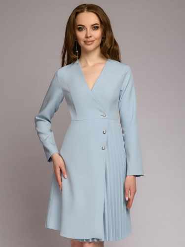 Платье голубое длины миди с длинными рукавами и плиссированной вставкой