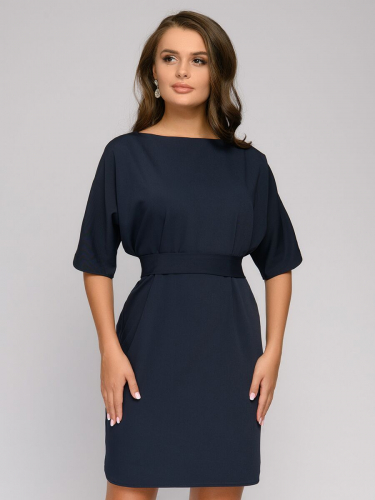 Платье темно-синее длины мини с поясом и рукавом 