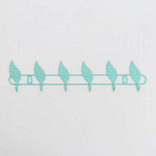 Вешалка настенная на 6 крючков Доляна «Листочки», 41,5×6×4 см, цвет бирюзовый