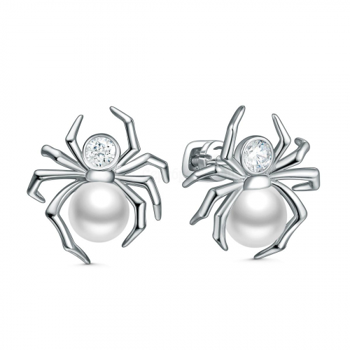 Серьги-пусеты из серебра с жемчугом Swarovski и фианитами родированные - Паучки 925 пробы 2-183р1001
