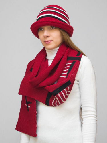 Комплект шляпа+шарф женский весна-осень Stripes (Цвет красный), размер 56-58, шерсть 30%