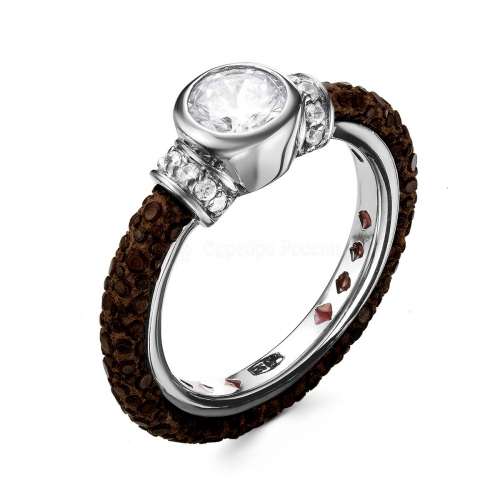 Кольцо из серебра с кожей ската, эмалью, ювелирным стеклом и кубическим цирконием родированное