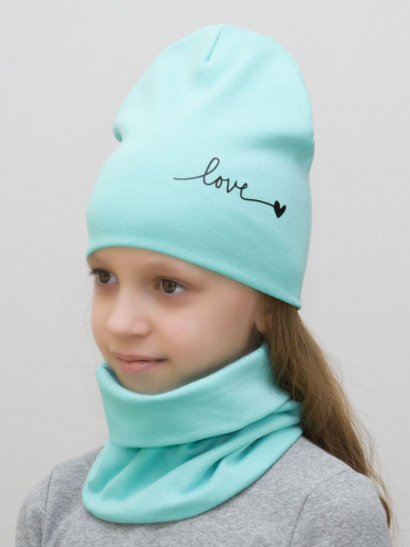 Комплект для девочки шапка+снуд Love (Цвет мята), размер 50-52, хлопок 95%