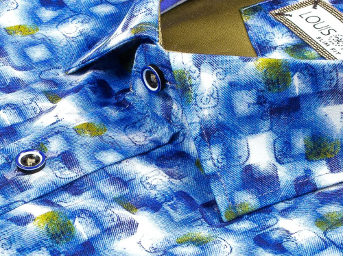 Синяя приталенная мужская рубашка Louis Fabel 1054-20 в абстракции с длинными рукавами