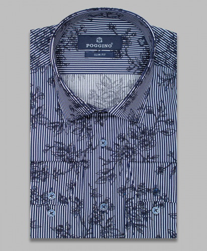 Темно-синяя приталенная мужская рубашка Poggino 5008-58 в полоску с длинными рукавами