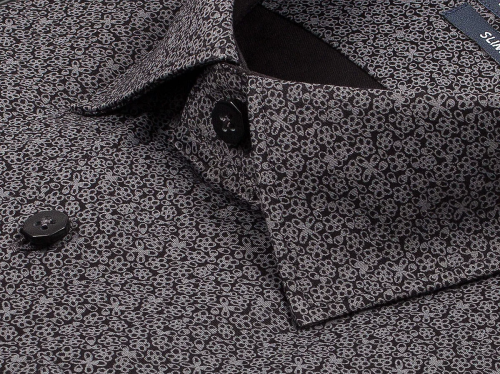 Черная приталенная мужская рубашка Poggino 5002-901 в цветочек с длинными рукавами