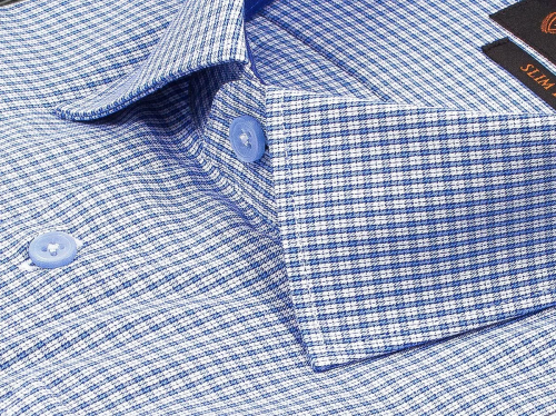 Синяя приталенная мужская рубашка Poggino 7000-62 в клетку с длинными рукавами