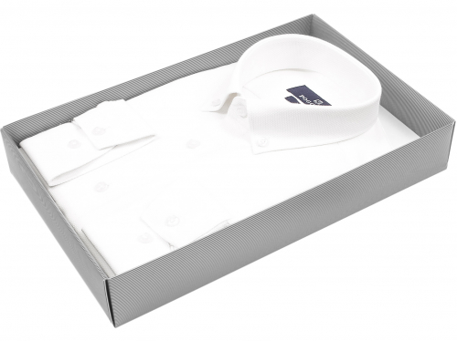 Белая приталенная мужская рубашка Poggino 6001-161 с длинными рукавами и воротником баттен-даун