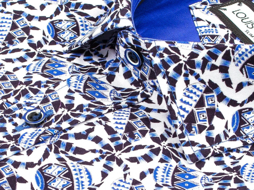 Синяя приталенная мужская рубашка Louis Fabel 6383-00 в абстракции с длинными рукавами