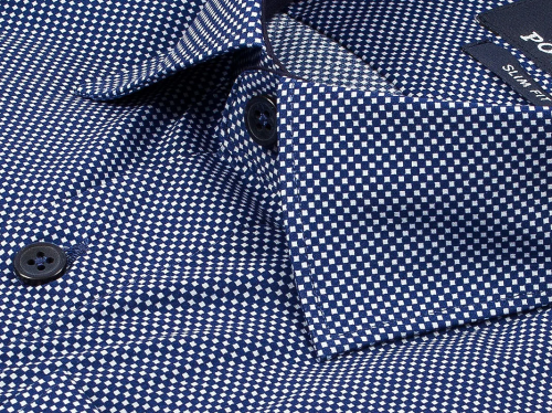 Темно-синяя приталенная мужская рубашка Poggino 5008-28 в ромбах с длинными рукавами